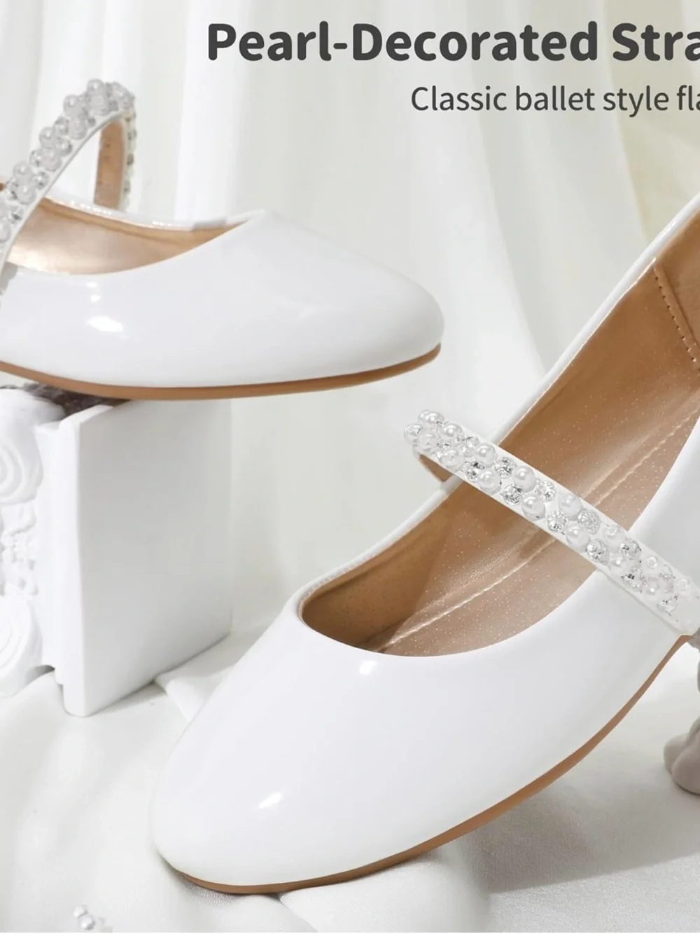 Girls White Mary Jane Flats with Crystal Strap